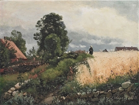 Carl Frederik Aagaard, A summer landscape with a farmer in the field.