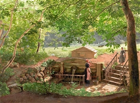 Carl Frederik Aagaard, Two young girls picking up water from a spring in a forest
