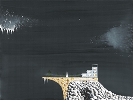 Jay Davis, Untitled (three Story house on a cobblestone object, building with dome roof, lighting structure, gaseous white stuff)