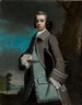 Edward Penny, Portrait of a gentleman, standing, three-quarter-length, in a grey coat with a blue waistcoat, a tricorn hat under his arm and a landscape beyond