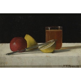 John F. Francis, Table Arrangement with Apple, Lemon, Glass and Knife