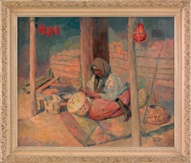 Arthur E. Becher, a Native American weaving a basket