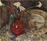 Guido Cadorin, Still Life with Fabric, Vase, Calla Lilies and Porcelain Plate