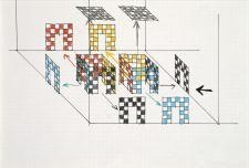 Daniel Buren, ESQUISSE : DEUX CABANES AVEC EXPLOSION DES CLOISONS ET PLAFONDS AVEC QUATRE COULEURS CHACUNE