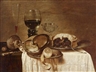 Pieter Claesz, A still life with a Nautilus cup turned upside down, a pewter plate with a lemon, a wine glass, and a Venetian bowl
