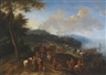 Theobald Michau, A coastal landscape populated by horse carriages and numerous figures unloading ships