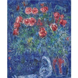 Marc Chagall, LES MARIÉS ET LE BOUQUET DE FLEURS ROUGES