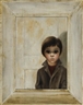 Margaret Keane, Portrait of sad child standing in front of white door