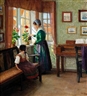 Valdemar Magaard, Interior scene with mother watering flowers by a window and young daughter seated beside