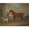 George Haigh, Mr. yarburgh's chestnut hunter "Robin Hood" held by a groom with a dog in a landscape