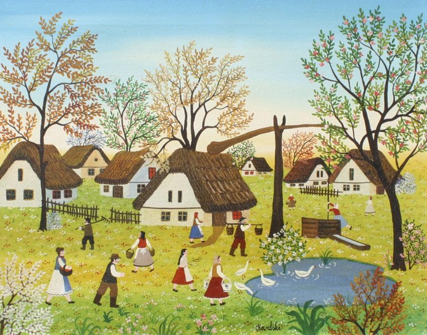 A. Kowalski Folk Art Village Landscape with...