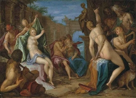 Hans von Aachen, An Assembly of the Gods, with Jupiter embracing Minerva, Venus confronting Diana observed by Hercules, Mercury, Cupid and Apollo, and Neptune and Hades conversing, in classical ruins