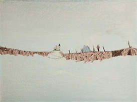 Jay Davis, Untitled (Two things almost touching, building and platform connecting them, lightning, dead trees)