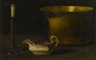 John Frederick Peto, STILL LIFE WITH CANDLESTICK, BRASS, SEWING KETTLE AND SAUCE BOAT