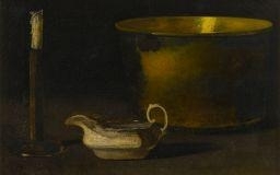 John Frederick Peto, STILL LIFE WITH CANDLESTICK, BRASS, SEWING KETTLE AND SAUCE BOAT