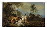 Moses van Uyttenbroeck, Bathers and a milkmaid by a palace in an Italian landscape