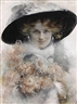Edouard Bisson, A portrait of a lady in a black hat with a bouquet of flowers in her arms