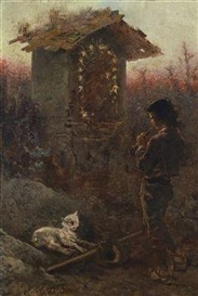Anton Romako, Italian Shepherd Boy by a Wayside Shrine, Blowing his Shepherd’s Pipe