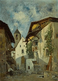 Theodor von Hörmann, A village scene with two figures, thought to be Imst in Tyrol