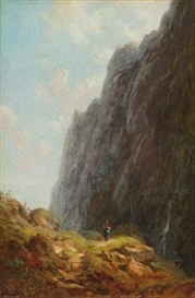 Carl Spitzweg, GEBIRGSLANDSCHAFT mit Sennerin im wendelsteingebiet (Mountain and Milkmaid along a winding stone path)