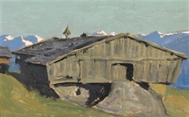 Alfons Walde, Tyrol Farm (in the background snow-covered mountains)
