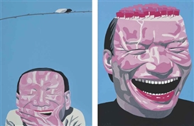 Yue Minjun, 2 works: Musician; Red Flags Waving