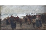 Scandinavian School, 20th Century, FISHERFOLK ON A BEACH, A SHIP FOUNDERING OFFSHORE