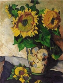 Heinrich Nauen, Sunflowers in a painted, double handled Vase