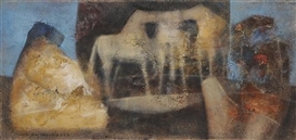 Hugo Palma Ibarra, Seated Figures Flanking Three White Horses