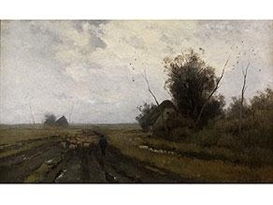 Anton Mauve, WEITE WIESENLANDSCHAFT IN ABENDSTIMMUNG MIT HEIMZIEHENDER SCHAFHERDE