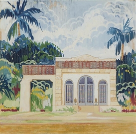 Louis Comfort Tiffany, California residential rendering with palm trees