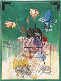 Peter Sengl, "Löwenmonument für Tulpenperücke" (Lion monument for tulip wig)