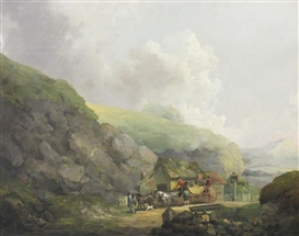 Julius Caesar Ibbetson, A Carriage and Figures outside an Inn on a Country Road
