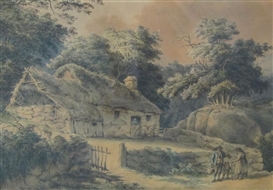 Julius Caesar Ibbetson, 2 Works: Figures on a Path by a Farmstead & Figures on a Track by Cottage