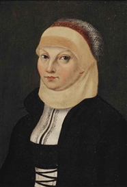 Lucas Cranach the Elder, Portrait of Katharina von Bora (1499-1552), "Die Lutherin", Martin Luther's wife, half-length, in a black and white dress and a head garment