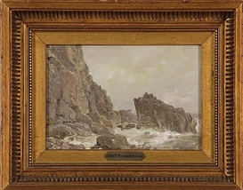 William Trost Richards, Clovelly", depicting rough seas crashing upon a rocky coast