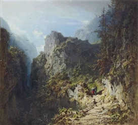 Carl Spitzweg, Berglandschaft mit Liebespaar (Jäger und Mädchen)
