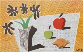David Hockney, Two Apples, one lemon and four flowers