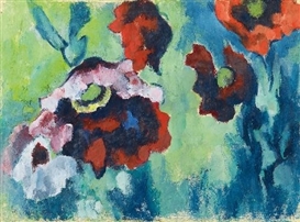 Heinrich Nauen, ROTER UND BLAßVIOLETTER MOHN VOR BLAUGRÜNEM GRUND
