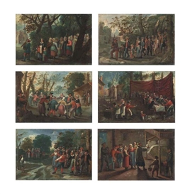 Pieter Brueghel the Younger, The Procession of the Bride; The Procession of the Groom; The Wedding Dance; The Wedding Feast; The Wedding Games; and The Blessing of the Marriage Bed