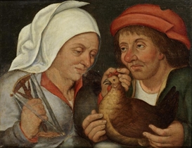 Pieter Brueghel the Younger, Two peasants with a hen and a spindle