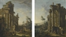 Nicola Viso, A CAPRICCIO LANDSCAPE WITH A RUINED TEMPLE AND SCULPTURAL MONUMENTS, WITH FIGURES COLLECTING WATER FROM A FOUNTAIN AND A TOWN BEYOND; A CAPRICCIO LANDSCAPE WITH A RUINED TEMPLE BY A RIVER, CATTLE BEING TAKEN TO WATER NEAR A CASCADE, A VILLA AND MOUNTAINS BEYOND