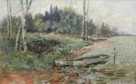 Isaac Levitan, Moored boat on a lakeshore with woodland