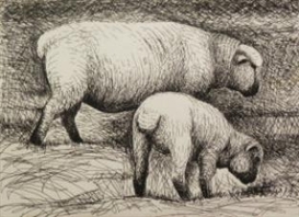Henry Moore, 2 Works : Two Fat Lambs ; Sheep in a Field
