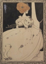 Aubrey Beardsley, Elegant figure by a curtain