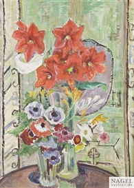 Maria Caspar-Filser, Blumenstilleben - Amaryllis, Anemonen und Fresien vor Kelim