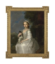William Hogarth, Portrait of a young girl, half-length, seated, in a white dress, a King Charles spaniel on her lap, in an ornamental park, with a hill-top castle beyond