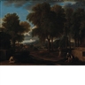 Sebàstien Bourdon, Italianate Landscape with a Monk and Peasants by a Fountain
