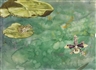 Jim Shaw, "I WAS WORKING ON WATER COLOR SPLATTER PAINTINGS AND ONE HAD A HIGHLY RENDERED FROG ON A LILLY PAD AND A HEAD ON AN ORCHID..."