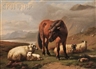 Daniel Adolphe Robert Jones, Highlands Landscape with Sheep and Pony Before a Loch